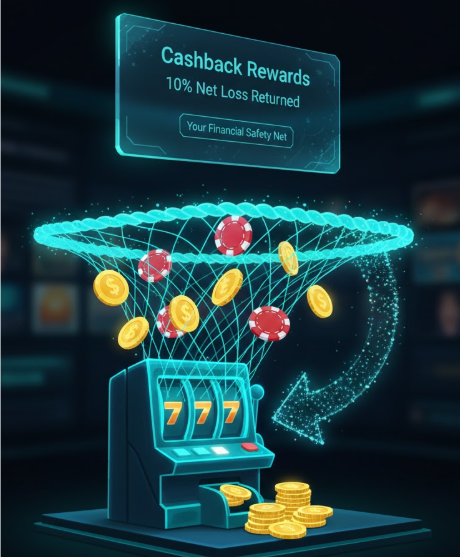 Abstract representation of a financial safety net, showing money returning to a virtual slot machine to illustrate a cashback reward system for players.